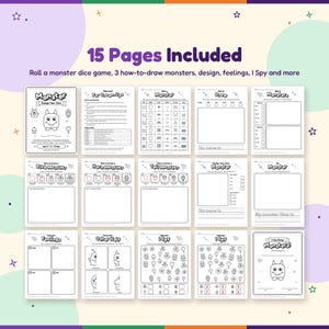 All 15 pages of the monster drawing pack: roll a monster chart and sheets, how to draw 3 monsters, design your own monster, my monster, monster feelings, other half, I Spy, answer key and certificate.