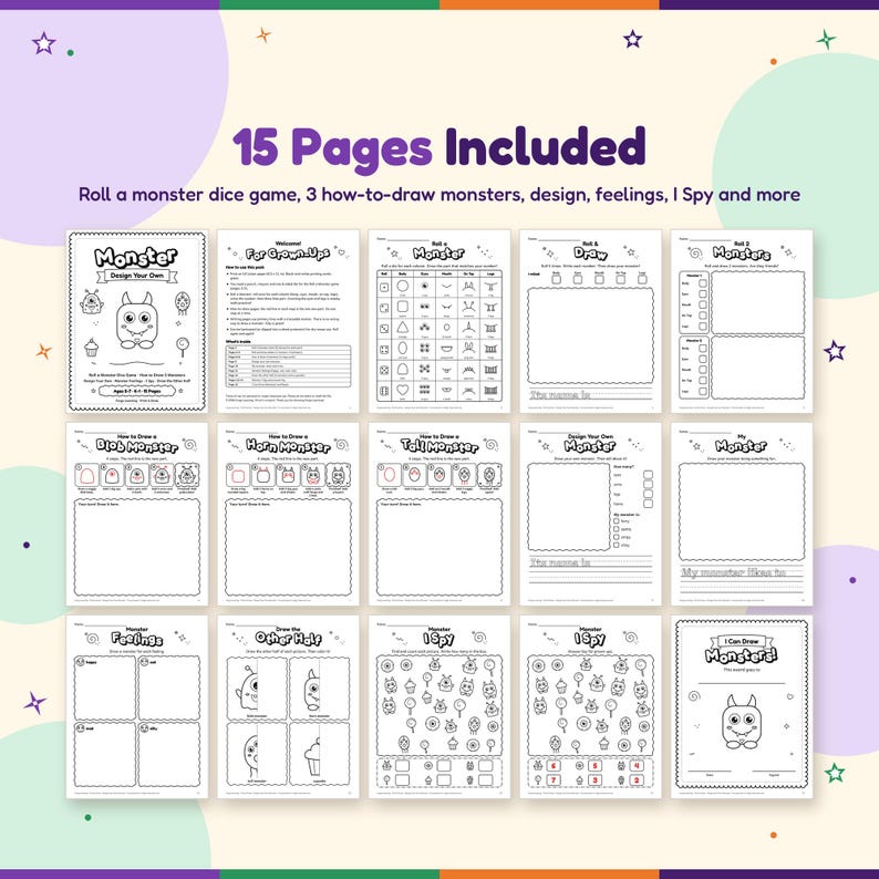 All 15 pages of the monster drawing pack: roll a monster chart and sheets, how to draw 3 monsters, design your own monster, my monster, monster feelings, other half, I Spy, answer key and certificate.