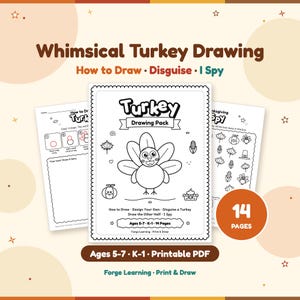 Whimsical turkey directed drawing pack cover for kids ages 5-7: a goofy grinning black-and-white turkey with a smiling pumpkin and pie, doodle stars and a scalloped border. 14 printable pages.