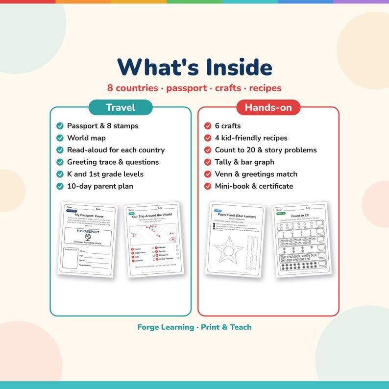 "What's Inside" overview in two panels, Travel and Hands-on, listing the passport, map, read-alouds, crafts, recipes, math and mini-book, with previews of the passport cover, world map, parol craft and count-to-20 page.