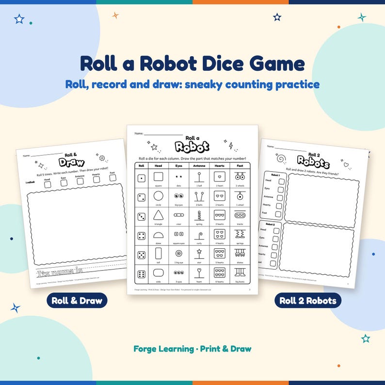 Roll a Robot dice game chart with 6 choices each for head, eyes, antenna, hearts and feet, shown with a roll and draw sheet and a roll 2 robots sheet.