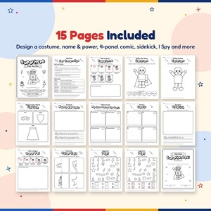 All 15 pages of the superhero drawing pack: how to draw a hero, costume design outlines, cape mask and emblem, name and power, 4-panel comics, sidekick, super pet, other half, I Spy and certificate.