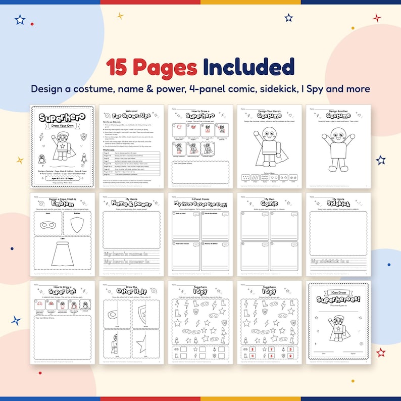 All 15 pages of the superhero drawing pack: how to draw a hero, costume design outlines, cape mask and emblem, name and power, 4-panel comics, sidekick, super pet, other half, I Spy and certificate.