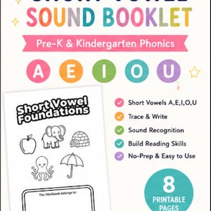 Cover of a printable short vowel phonics booklet for Pre-K and kindergarten