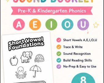 May include: A Short Vowel Sound Booklet for Pre-K and Kindergarten phonics. The cover features the title, the vowels A, E, I, O, U in colored circles, and a preview page with black and white illustrations of an apple, elephant, igloo, octopus, and umbrella.