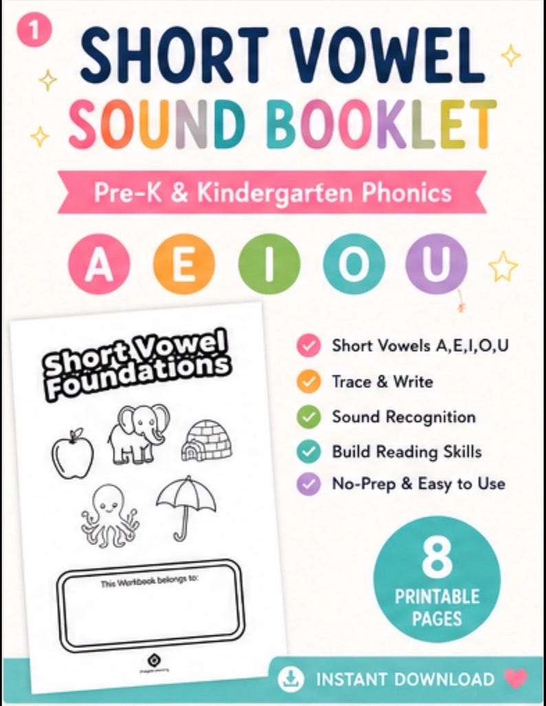 Cover of a printable short vowel phonics booklet for Pre-K and kindergarten