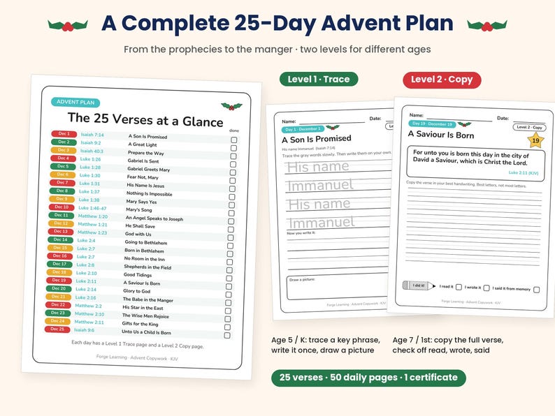 Preview page from the Advent Copywork printable showing a Christmas Scripture verse for children to trace and copy