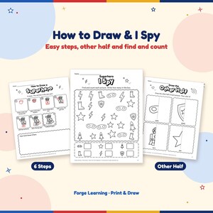 How to draw a superhero in 6 steps with the new part in red, a superhero I Spy find-and-count page, and a draw the other half page with a mask, shield, hero and star.