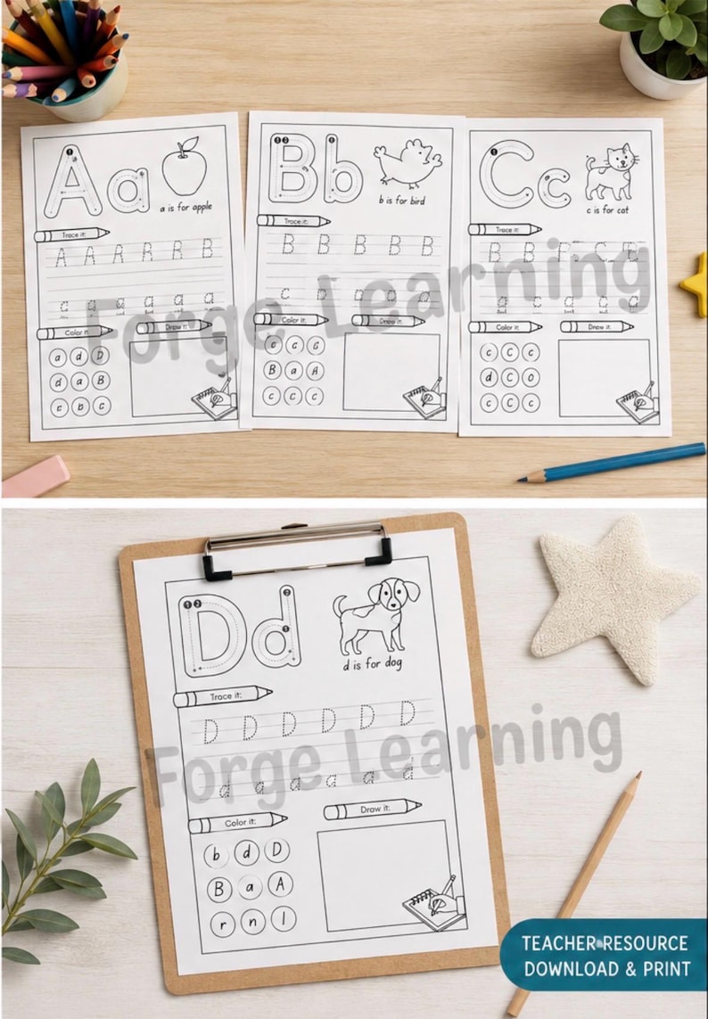Overview of pages included in the alphabet worksheets