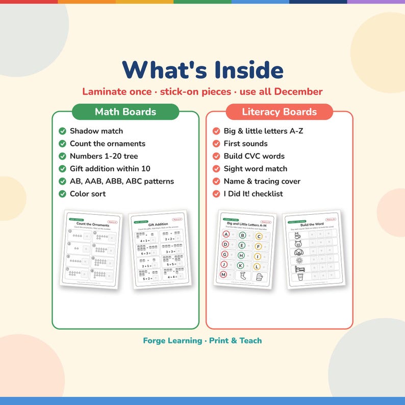 What's inside: math boards (shadow match, counting ornaments, numbers 1-20, gift addition, patterns, color sort) and literacy boards (letters, first sounds, CVC words, sight words).