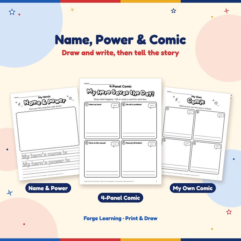 A 4-panel comic page called My Hero Saves the Day, a blank 4-panel comic, and a My Hero's Name and Power draw-and-write page with traceable starters on primary lines.
