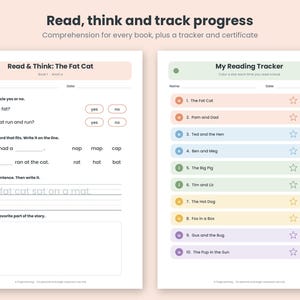 May include: Two educational worksheets titled Read, think and track progress. The left page features Read & Think: The Fat Cat with reading comprehension questions and a drawing box. The right page is a My Reading Tracker with ten book titles.