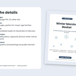 The details: a 34-page US Letter PDF for all ages with 12 undated weeks for December to February, including weekly plans, copywork, picture cards and a nature journal, with public domain poems and paintings.