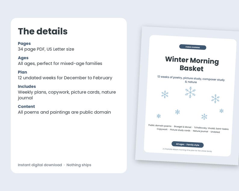 The details: a 34-page US Letter PDF for all ages with 12 undated weeks for December to February, including weekly plans, copywork, picture cards and a nature journal, with public domain poems and paintings.