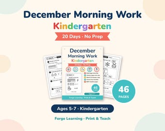 May include: A set of 46 pages of December Morning Work for kindergarten students, ages 5-7. The educational packet includes 20 days of no-prep math and literacy activities, featuring worksheets with number of the day, counting, and reading exercises.
