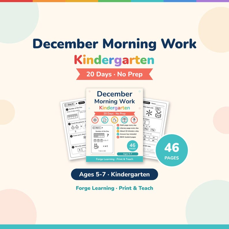 December Morning Work Kindergarten printable cover, 20 days no prep, 46 pages, ages 5-7