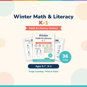 Winter Math and Literacy K-1 printable cover with snowman sums preview, 36 pages, math and literacy centers, ages 5-7