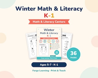 May include: A Winter Math & Literacy K-1 educational activity packet featuring 36 pages of printables. The cover displays the title, age range 5-7, and icons for math and literacy centers. Two sample worksheets show snowman addition and picture matching.