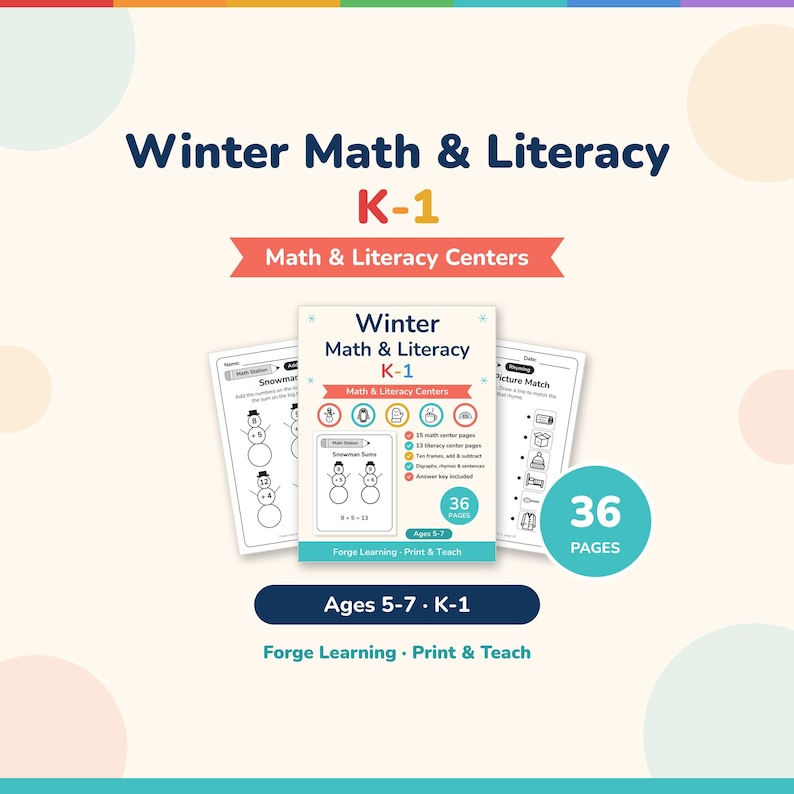 Winter Math and Literacy K-1 printable cover with snowman sums preview, 36 pages, math and literacy centers, ages 5-7