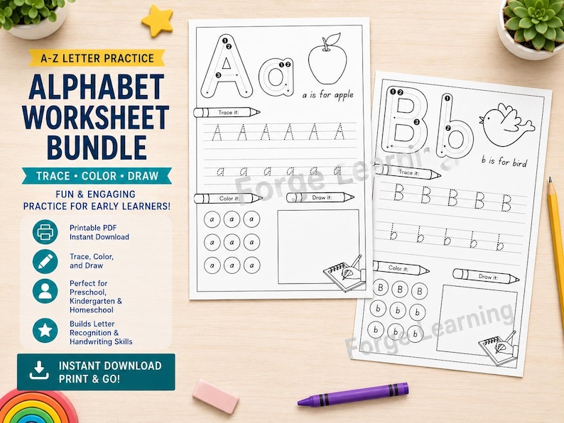 Cover of a 26-page A to Z alphabet tracing worksheet bundle for preschool