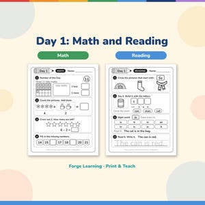 Day 1 sample pages: the math page with number 11, ten frames, picture addition and missing numbers, and the reading page with S sounds, a CVC word and sight word in