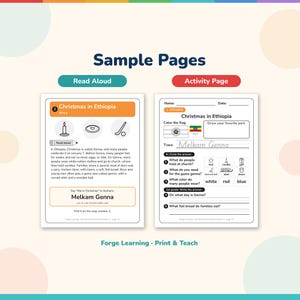 Sample pages: the Ethiopia read-aloud page and the Ethiopia activity page with flag coloring, greeting tracing and picture questions.