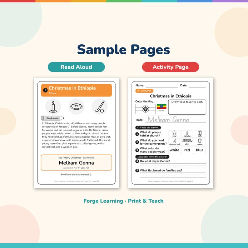 Sample pages: the Ethiopia read-aloud page and the Ethiopia activity page with flag coloring, greeting tracing and picture questions.