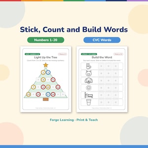 Two sample pages: Light Up the Tree, where kids stick on missing numbers 1-20, and Build the Word, where kids stick letter pieces to spell cat, pig, dog, sun, bed and cup.