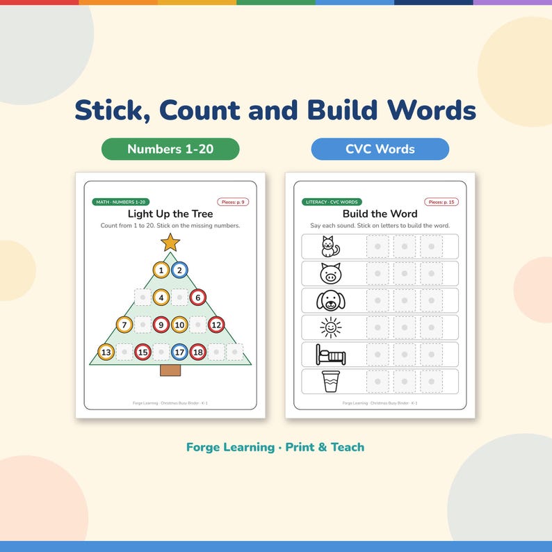 Two sample pages: Light Up the Tree, where kids stick on missing numbers 1-20, and Build the Word, where kids stick letter pieces to spell cat, pig, dog, sun, bed and cup.