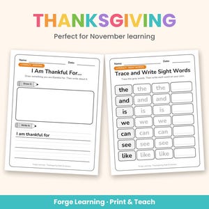 Preview of Thanksgiving literacy pages with sight word and CVC word practice