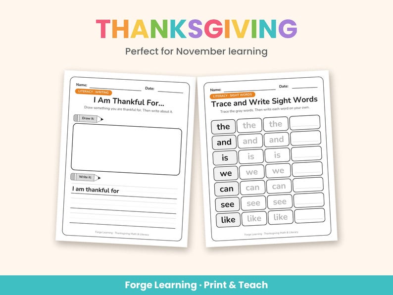 Preview of Thanksgiving literacy pages with sight word and CVC word practice