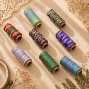 Può includere: Otto rocchetti di filo da ricamo variegato disposti in una griglia. Ogni rocchetto presenta una combinazione di colori unica, tra cui sfumature di verde, blu, viola, rosso e marrone, con una lucentezza metallica. I rocchetti hanno anime in legno.