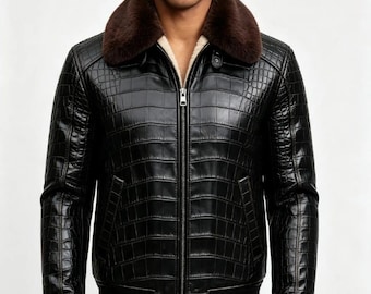 Men's Handmade Genuine Cowhide Leather Bomber Jacket, Black Croc Embossed Jacket with Faux Fur Collar