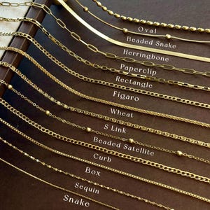 May include: A collection of gold-toned metal chains arranged in parallel, labelled with their specific styles: Oval, Beaded Snake, Herringbone, Paperclip, Rectangle, Figaro, Wheat, S Link, Beaded Satellite, Curb, Box, Sequin, and Snake chain designs.