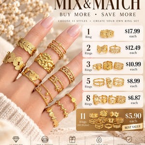 May include: A collection of gold-toned rings featuring various designs including butterflies, stars, hearts, and textured bands. The image displays text options for purchasing sets of 1, 2, 3, 5, 8, or 11 rings with corresponding prices in dollars.