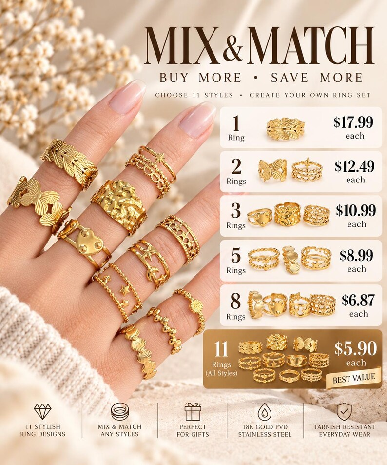 May include: A collection of gold-toned rings featuring various designs including butterflies, stars, hearts, and textured bands. The image displays text options for purchasing sets of 1, 2, 3, 5, 8, or 11 rings with corresponding prices in dollars.