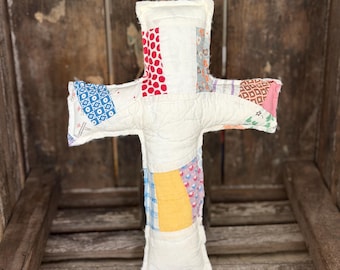 Vintage Quilt Cross Pillow, Repurposed Antique Quilt, Farmhouse, Cottagecore Decor