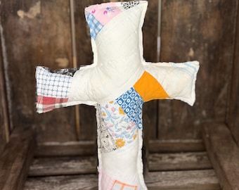 Vintage Quilt Cross Pillow, Repurposed Antique Quilt, Farmhouse, Cottagecore Decor