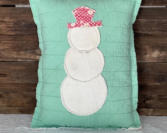 Vintage Quilt Snowman Pillow, Repurposed Antique Quilt, Farmhouse, Christmas Winter Decor