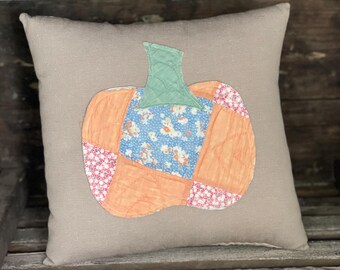 Vintage Quilt Pumpkin Pillow, Repurposed Antique Quilt, Fall Farmhouse Cottage Decor