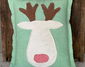 Vintage Quilt Reindeer Pillow, Repurposed Antique Quilt, Farmhouse, Christmas Winter Decor