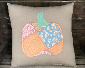 Vintage Quilt Pumpkin Pillow, Repurposed Antique Quilt, Fall Farmhouse Cottage Decor