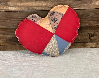 Vintage Quilt Heart Pillow Antique Repurposed Valentine Decoration