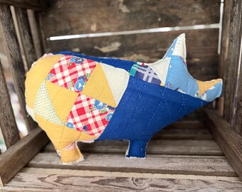 Vintage Quilt Pig Pillow, Repurposed Antique Quilt, Farmhouse, Cottage Decor