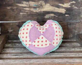 Vintage Quilt Heart Pillow Antique Repurposed Valentine Decoration