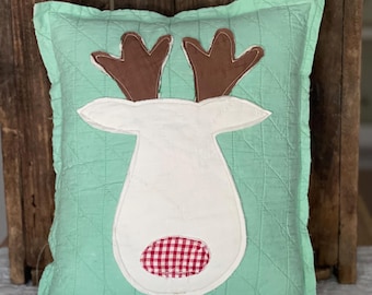 Vintage Quilt Reindeer Pillow, Repurposed Antique Quilt, Farmhouse, Christmas Winter Decor