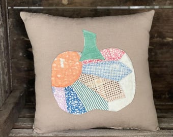 Vintage Quilt Pumpkin Pillow, Repurposed Antique Quilt, Fall Farmhouse Cottage Decor