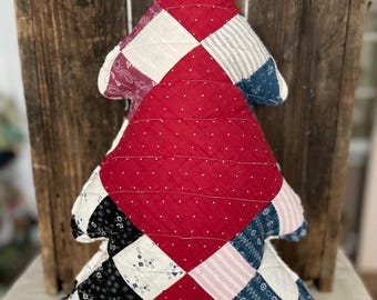 Tall Quilt Christmas Tree Pillow, Repurposed Antique Quilt, Farmhouse, Christmas Winter Decor
