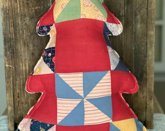 Tall Quilt Christmas Tree Pillow, Repurposed Antique Quilt, Farmhouse, Christmas Winter Decor