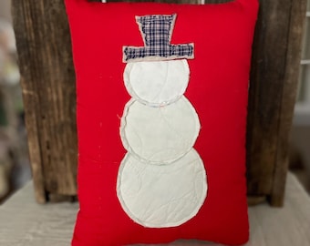Vintage Quilt Snowman Pillow, Repurposed Antique Quilt, Farmhouse, Christmas Winter Decor